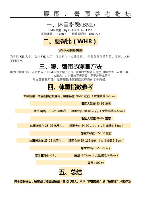 正常体重 bmi;超重或肥胖:bmi≥24 二,腰臀比(whr whr=腰围