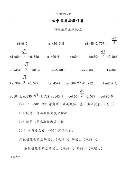 初中三角函数值表 特殊角三角函数值 sin0=0 sin30=0.5 sin45=0.