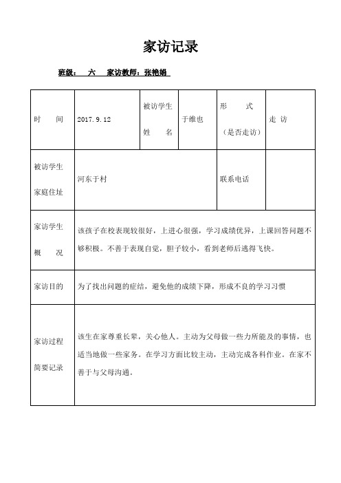 家訪記錄 班級:六家訪教師:張豔娟時 間|2017.9.