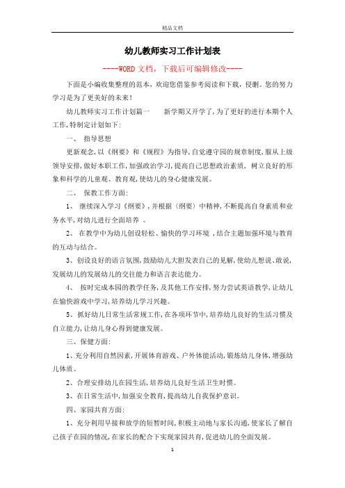 幼儿教师实习工作计划表 下面是小编收集整理的范本,欢迎您借鉴