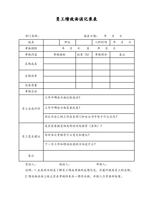 員工績效面談記錄表 部門名稱:填表日期: 年月日 姓名|職位|入職時間