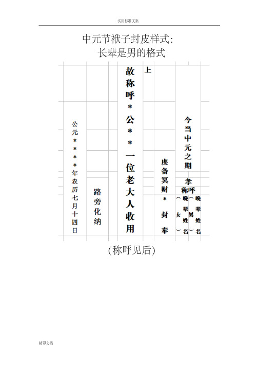 实用标准文案 中元节袱子封皮样式: 长辈是男的格式 (称呼见后) 精彩