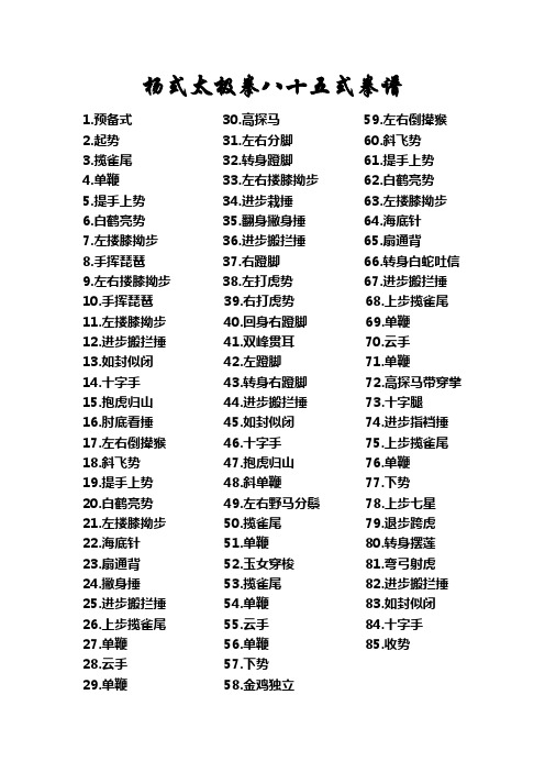 杨式太极拳八十五式拳谱 1.预备式30.高探马59.左右倒撵猴 2.起势31.