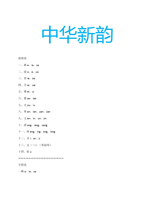 中华新韵 韵部表 一,麻a,ia,ua 二,波,e,u 三,皆ie,üe四,开ai,uai 五