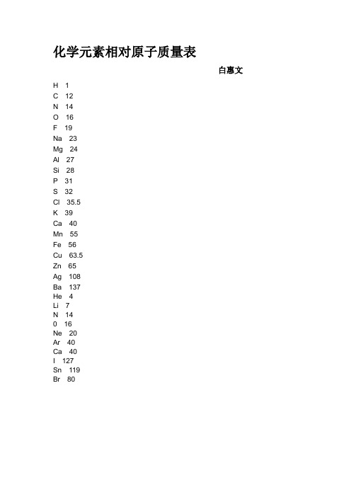 化學元素相對原子質量表 白惠文 h1c12n14o16f19na23mg24al27si28p31