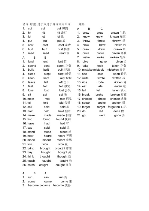 动词原型过去式过去分词常用单词 1. cut cut cut切割 2.