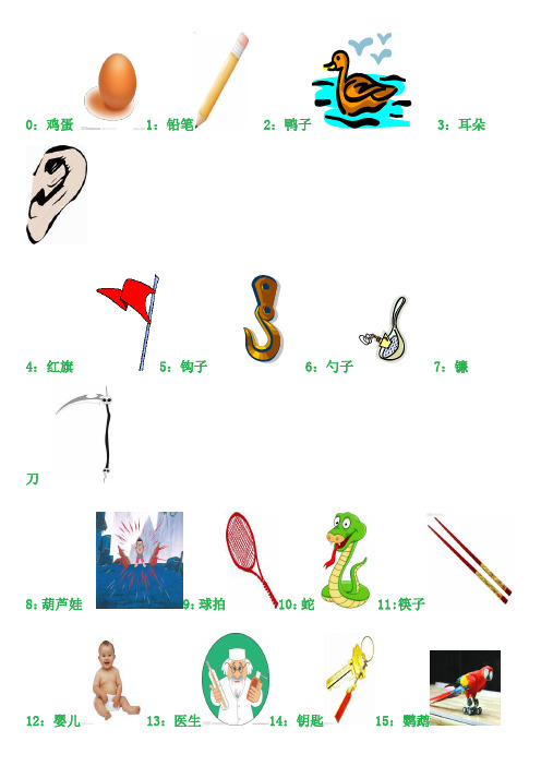 0:雞蛋1:鉛筆2:鴨子3:耳朵 4:紅旗5:鉤子6:勺子7:鐮刀 8:葫蘆娃9:球拍