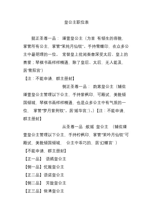 皇公主职位表 懿正圣尊一品: 瑾萱皇公主(为首 有倾生的容貌,掌管所有