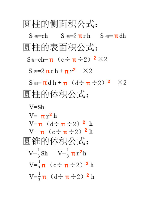 圓柱的表面積公式: ×2s表=2πrh ×2s側=πdh ×2 圓柱的體積公式