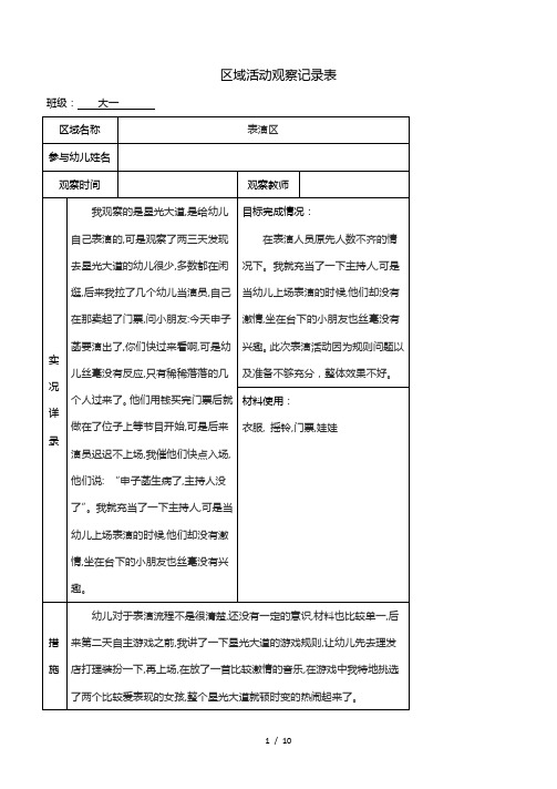 區域活動觀察記錄表 班級:大一 區域名稱|表演區| 參與幼兒姓名