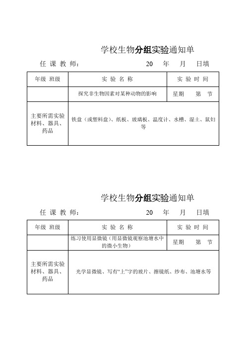 学校生物分组实验通知单 任课教师:20年月日填 年级 班级|实验名称