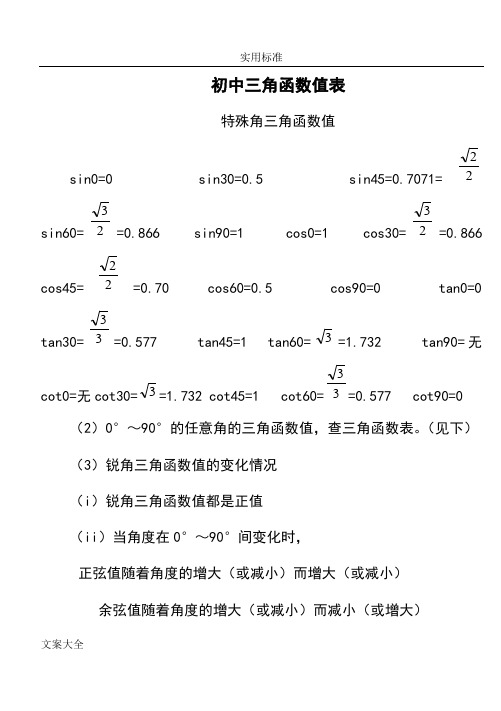 初中三角函數值表 特殊角三角函數值 sin0=0 sin30=0.5 sin45=0.