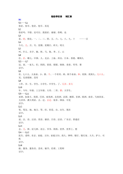 轻松学汉语词汇表 b1 u1——l1 你好,你早,您好,您早,再见 l2 你好吗