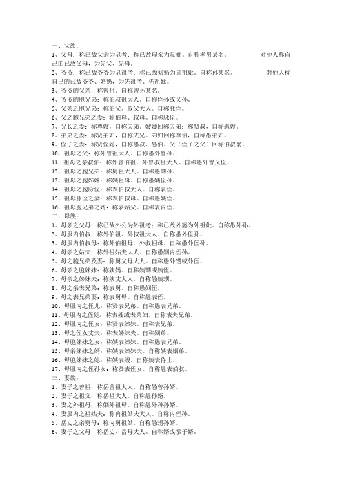 一,父族:1,父母:称已故父亲为显考;称已故母亲为显妣.自称孝男某名.