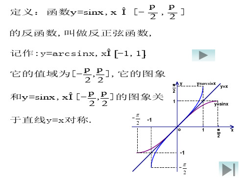 定义: 函数 y = s in x , x p p [, ] 2 2 的反函数 ,叫做反正弦函数