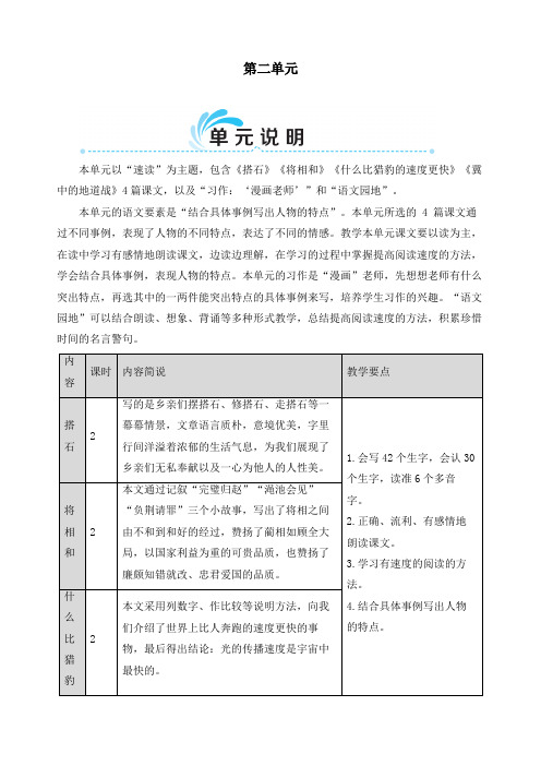 第二单元 本单元以"速读"为主题,包含《搭石》《将相和》《什么比猎豹