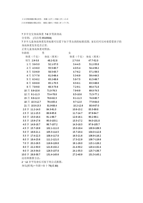 体重(公斤)=年龄(岁)×2 8 2-10岁身高的计算公式为: 身高(厘 ))=
