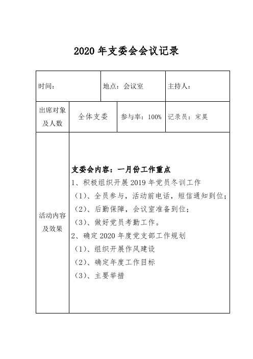 2020年支委會會議記錄 時間:|地點:會議室|主持人:| 出席對象及人數