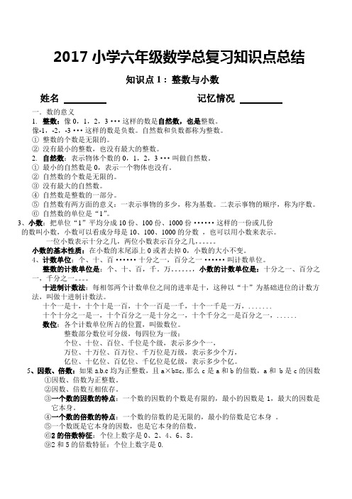 2017小学六年级数学总复习知识点总结 知识点1 :整数与小数 姓名记忆