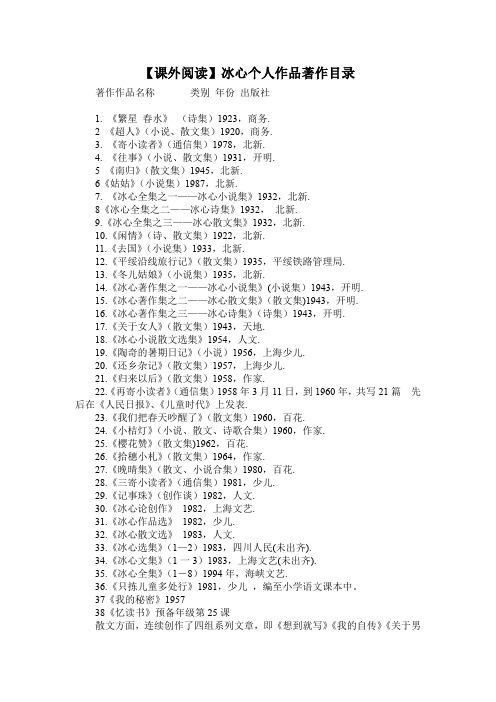 【课外阅读】冰心个人作品著作目录 著作作品名称类别年份出版社1.