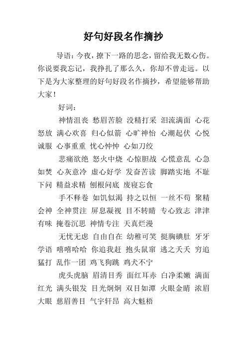 好句好段名作摘抄 导语:今夜,撩下一路的思念,留给我无数心伤.