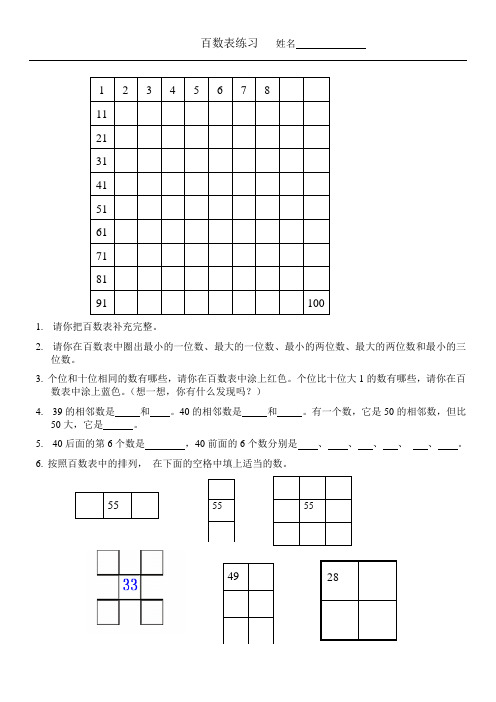 請你把百數表補充完整. 2.