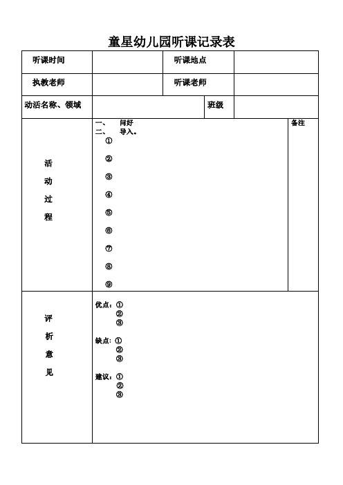 童星幼儿园听课记录表 听课时间|听课地点 执教老师|听课老师